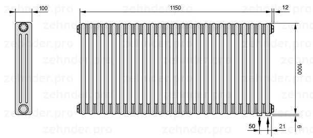 Схема (чертеж) Радиатор Zehnder Charleston 3100/25 №5510 Белый глянцевый RAL 9016
